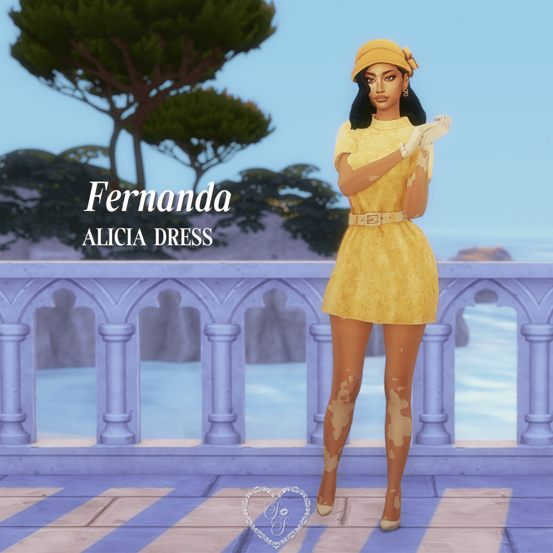 Fernanda stands on a seaside balcony in a yellow lace mini dress, matching cap, and white gloves. Her look feels like vintage sunshine.