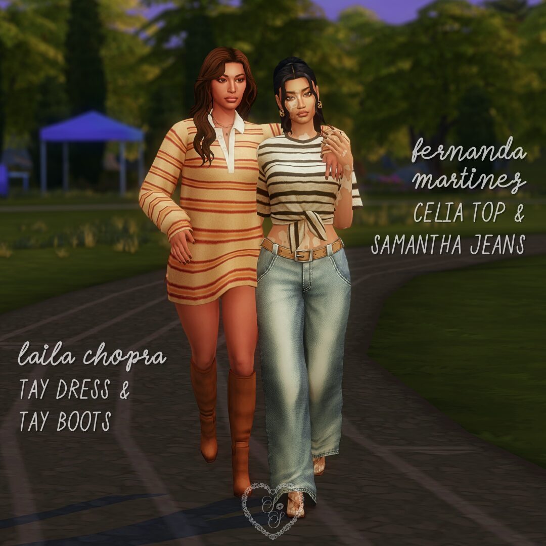 Strolling arm in arm at dusk, these Sims channel cozy varsity charm with a striped sweater dress and wide-leg jeans paired with a tied tee.