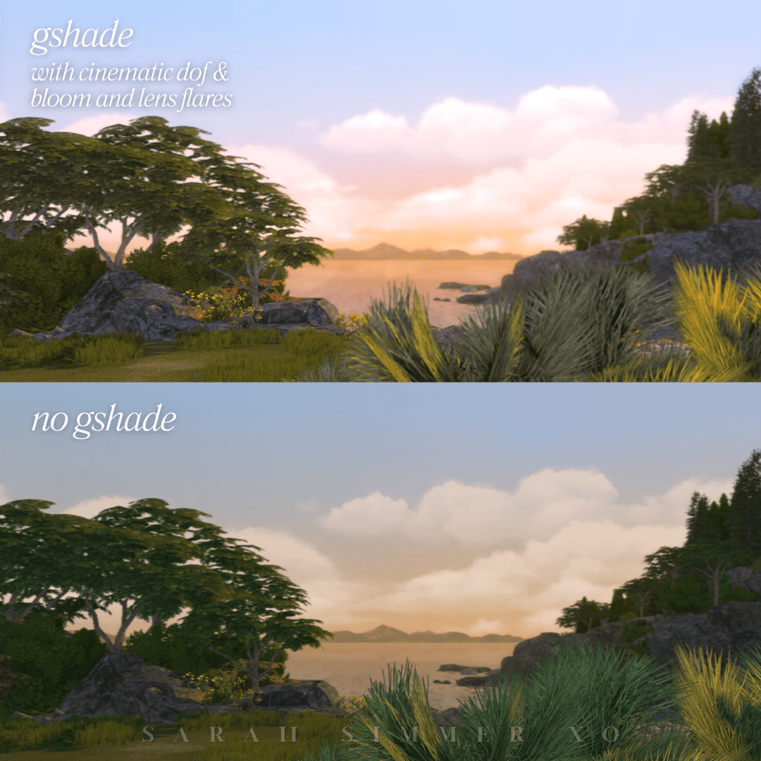 A scenic sunset view of a winding path along a lake, softened by cinematic depth of field and glowing lens flares with Gshade.