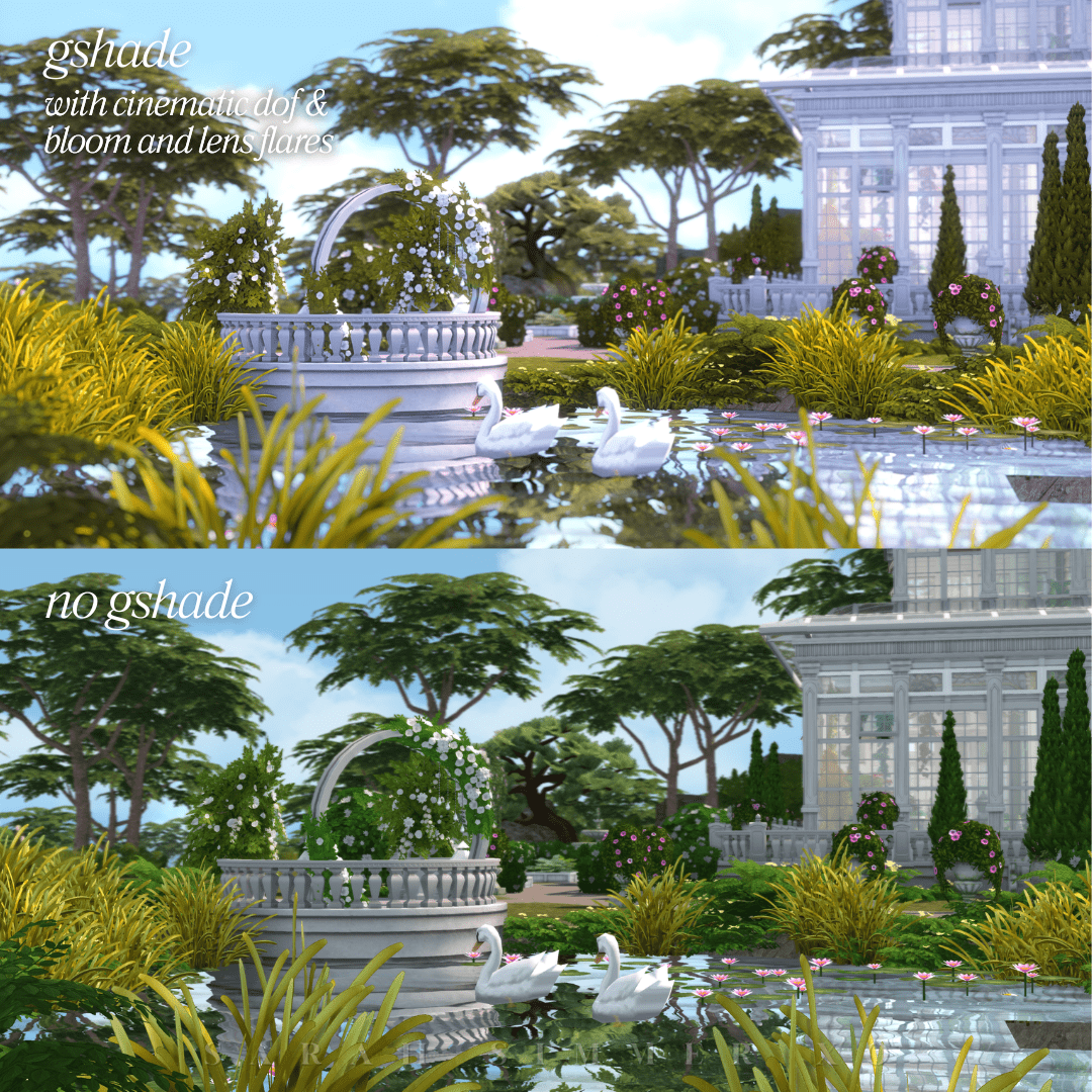 Side-by-side view of a swan fountain and lush garden area with and without Gshade in The Sims 4; cinematic depth of field and bloom effects add romantic softness.