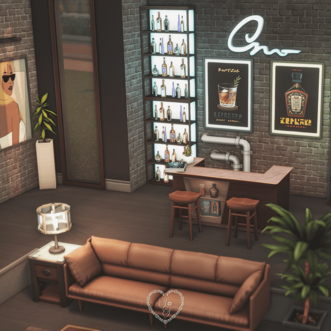 A glowing backlit liquor shelf behind a stylish bar setup, featuring neon signage, drink posters, and industrial pipe decor.