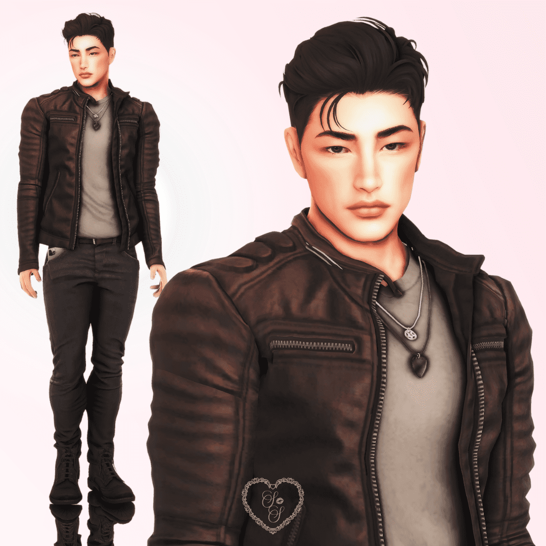 Close-up and full-body render of Taeyang Shin in CAS wearing a sleek leather jacket, styled hair falling slightly over his forehead.