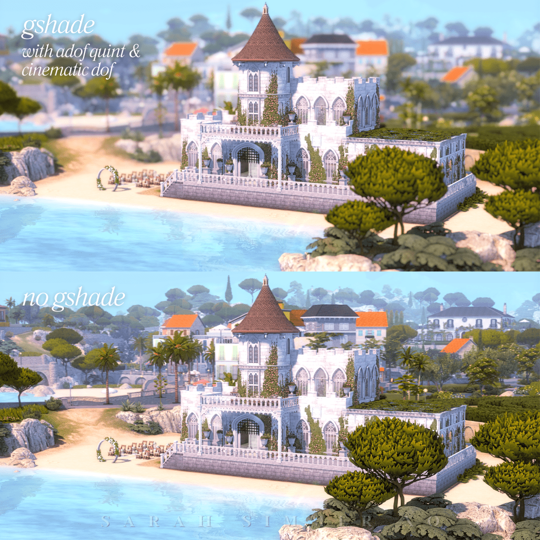 Mediterranean-style castle on the Tartosa coast, with vibrant Gshade lighting and depth of field transforming the scene into a fairytale vista.
