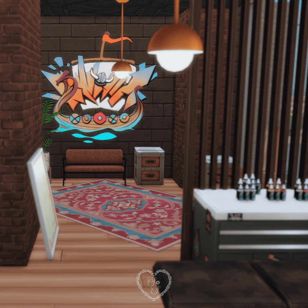 A vibrant Viking-themed mural lights up the waiting area of this Sims 4 Tattoo Shop, with warm lighting, a red patterned rug, and stacked ink bottles in view.