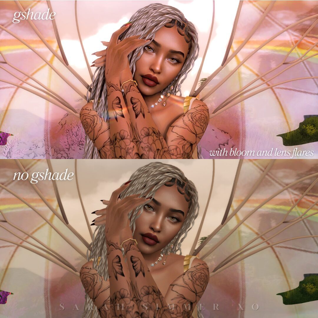 Side-by-side image of a tattooed fairy Sim with silver braids under pink lighting, showing how bloom and lens flares enhance Gshade visuals.