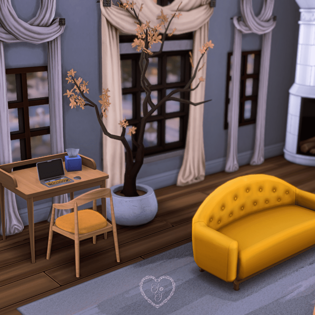 A charming desk nook with a wooden desk, yellow chair, and sculptural tree in front of curtained windows—perfect for cozy gameplay storytelling.