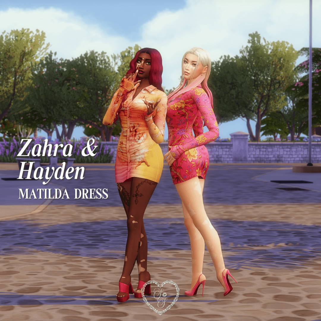 A Sims 4 duo look featuring the Matilda Dress in fiery florals, modeled by Zahra and Hayden.