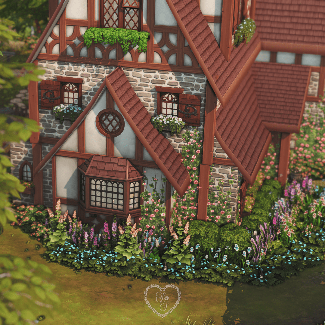 Architectural close-up of a Tudor build featuring wood and stone detailing, arched windows, and overflowing window boxes with soft pink florals.