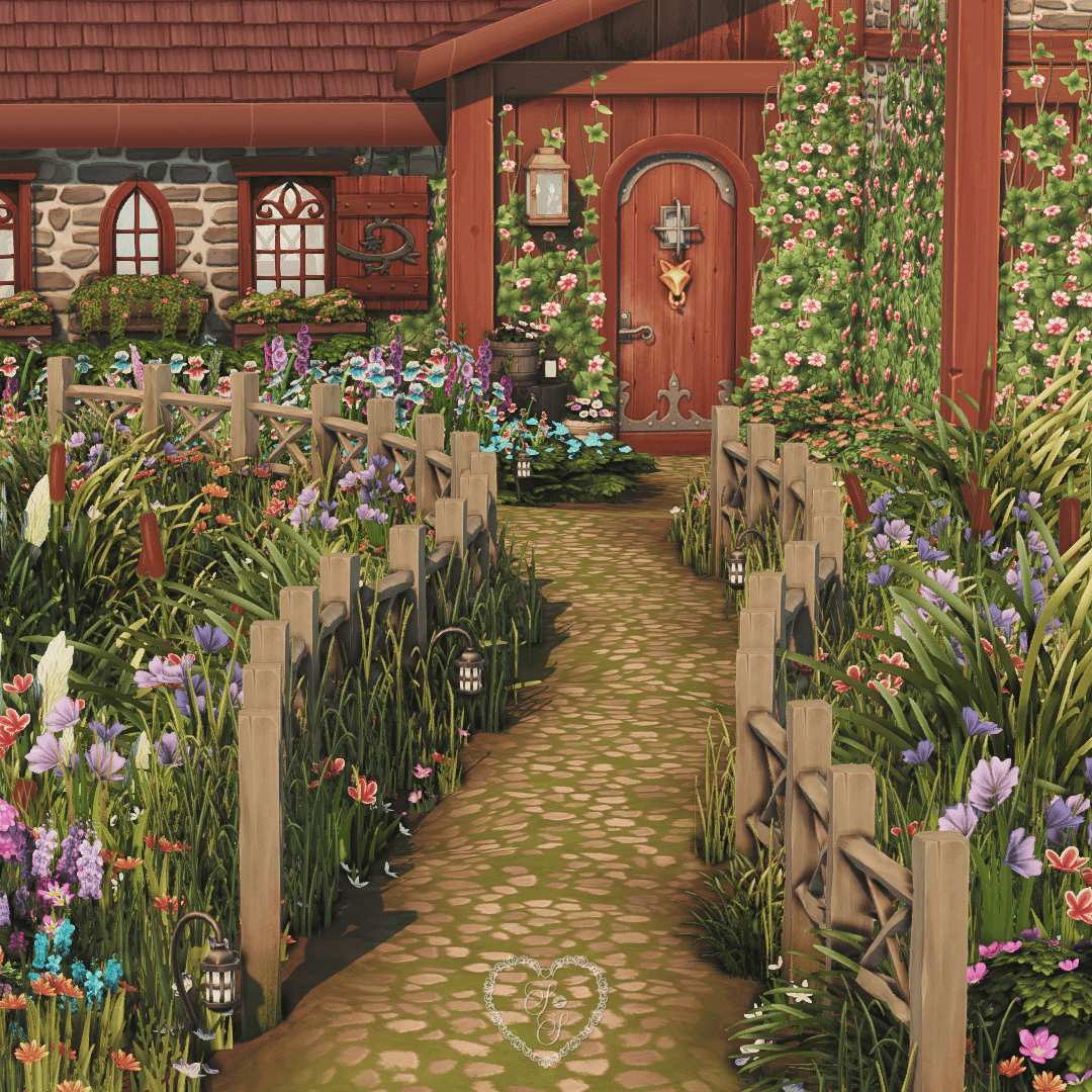 A cobblestone path lined with wildflowers leads to the red front door of a romantic Tudor-style cottage, framed by trellises, lanterns, and climbing vines.