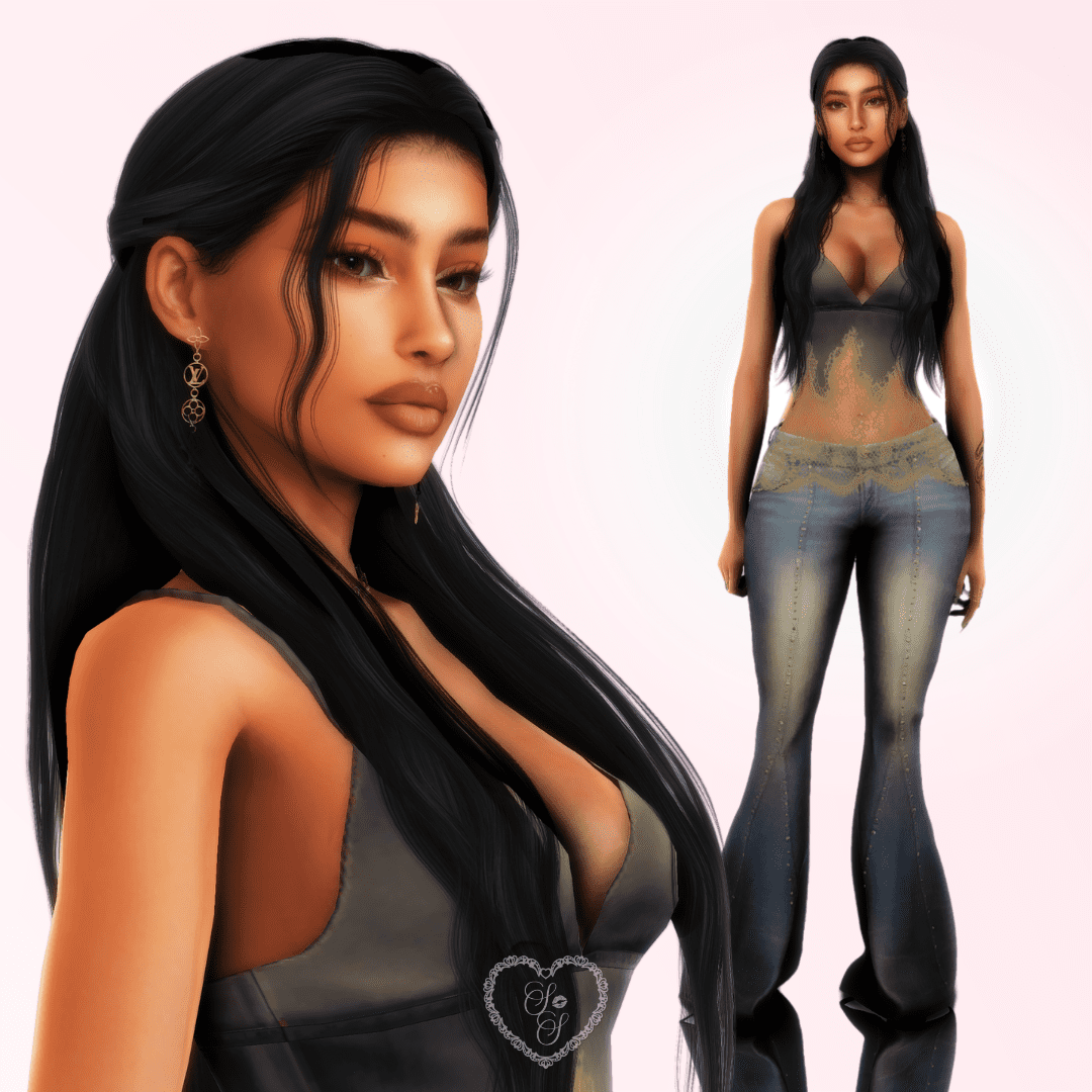 Samaya Singh, a pansexual Sims 4 Sim, turns slightly to the side with soft waves, golden earrings, and a playful look on her face.