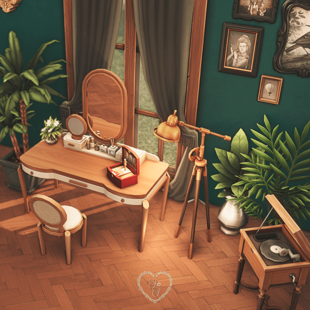 The full vanity setup in the Sims 4 Secret Sanctuary Parlour, with a ballerina music box, greenery, and a vintage-style telescope floor lamp.