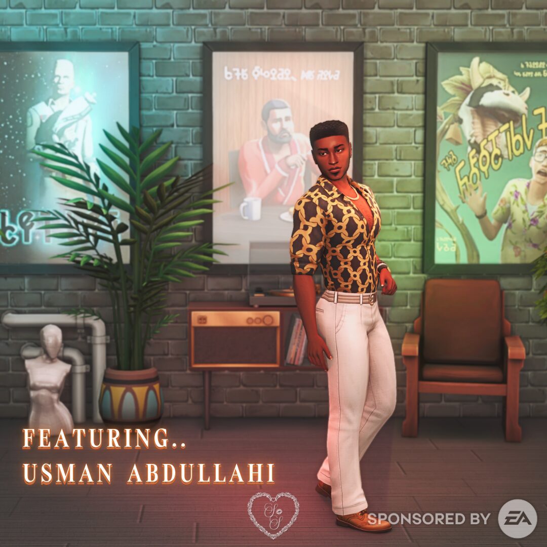 Usman Abdullahi stuns in a bold vintage print shirt and white pants, set against a backdrop of funky Sims 4 wall art and greenery.