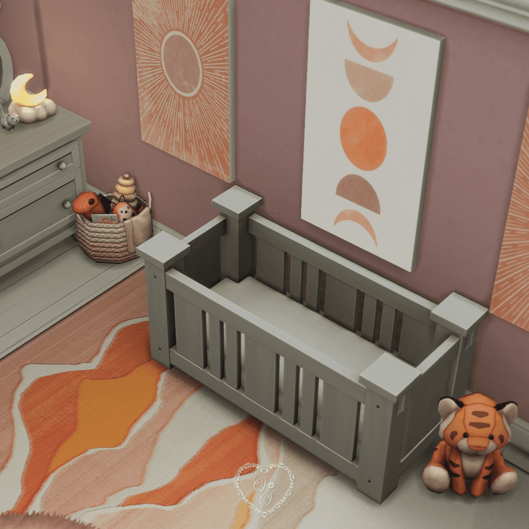 A soft coral-and-rose-themed nursery corner featuring a wooden crib, tiger plushie, and bold sunset-inspired artwork.