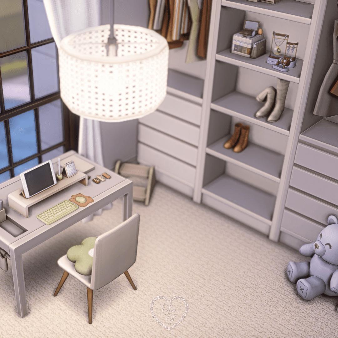 Soft and stylish kids’ bedroom with a cozy desk setup and closet details