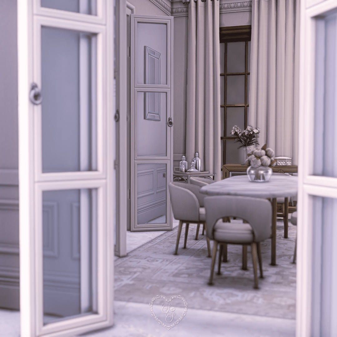 Intimate dining space seen through double doors, with romantic neutral décor