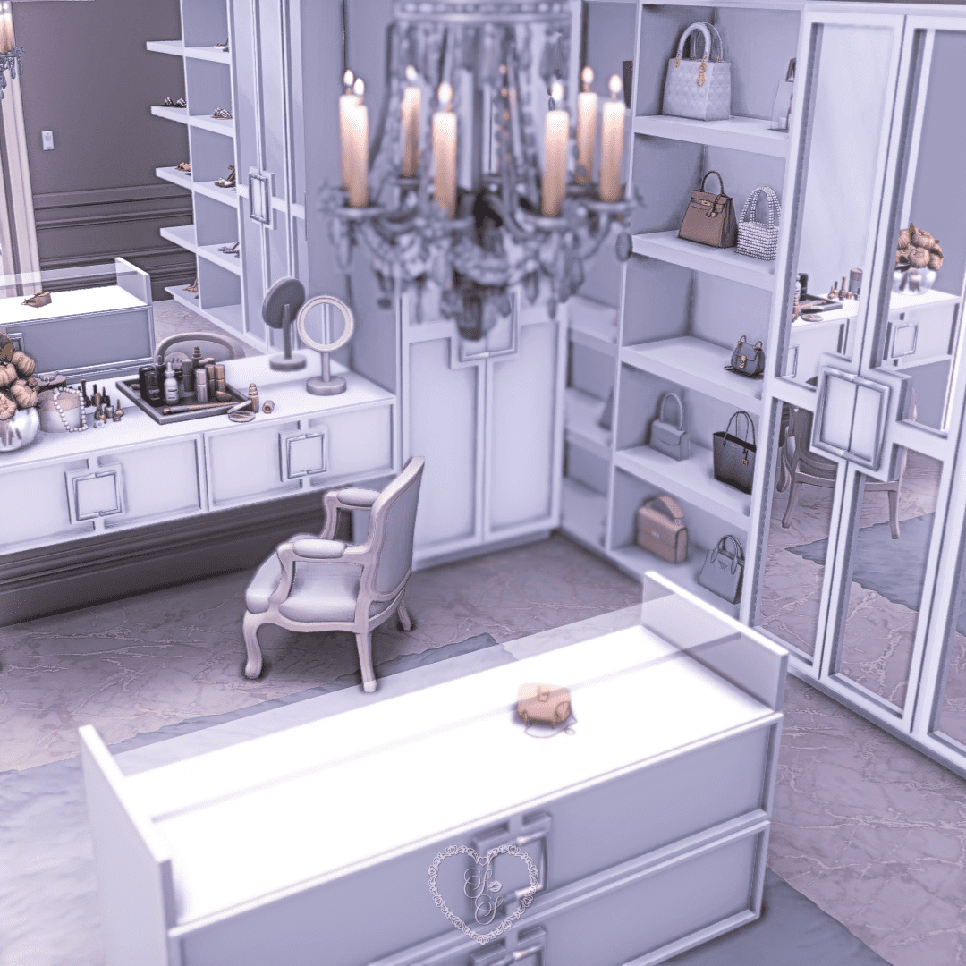 Elegant white walk-in closet with crystal chandelier and beauty setup