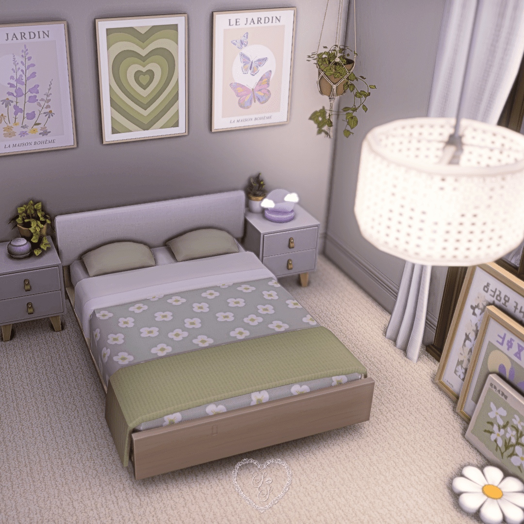 Cozy bedroom featuring soft green decor and daisy-print bedding