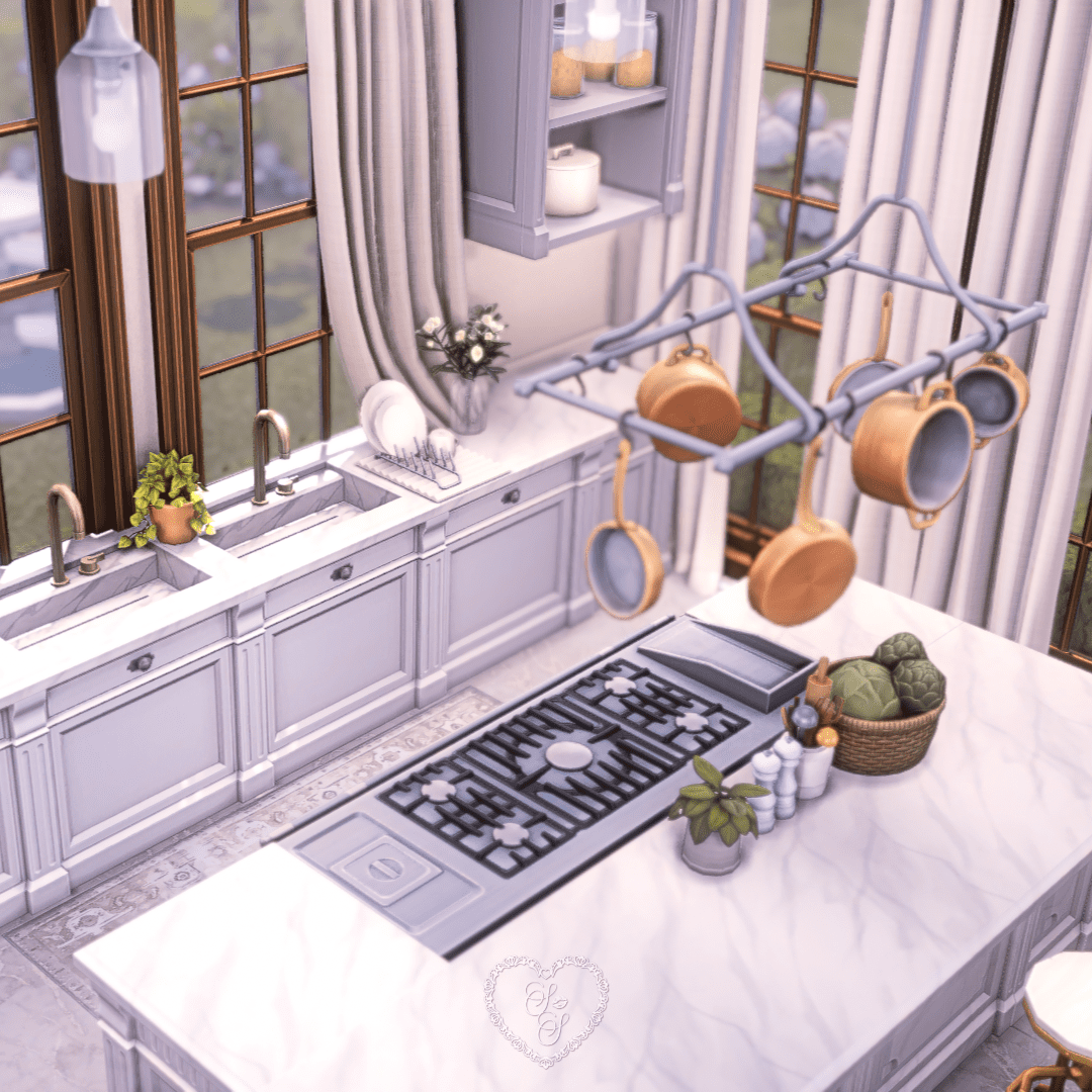 Elegant Sims 4 kitchen featuring marble counters and a statement copper pot rack