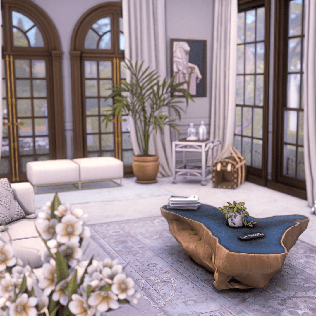 Airy Sims 4 living room with arched windows, greenery, and a sculptural coffee table