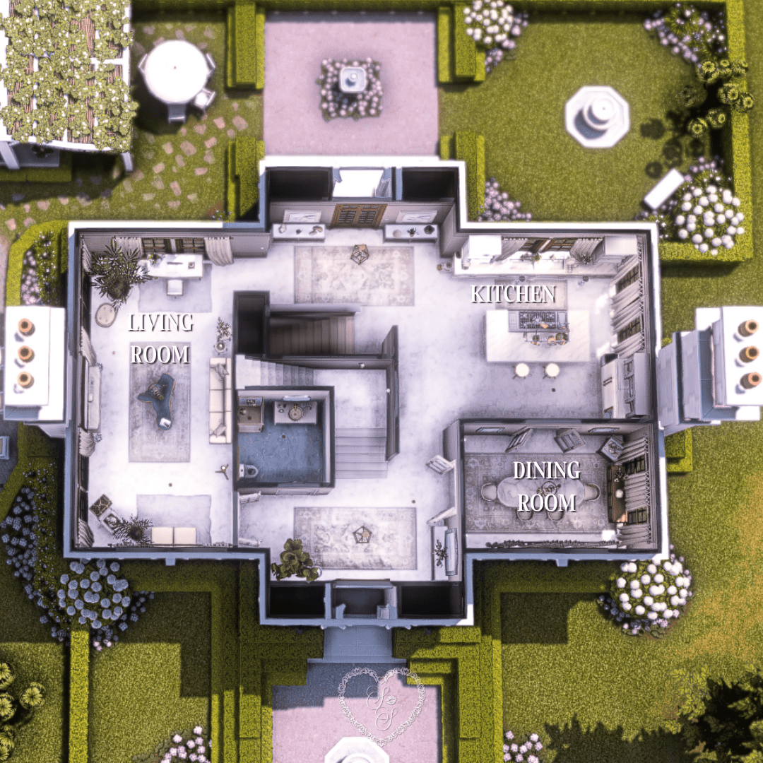 First floor plan including kitchen, dining room, and living space