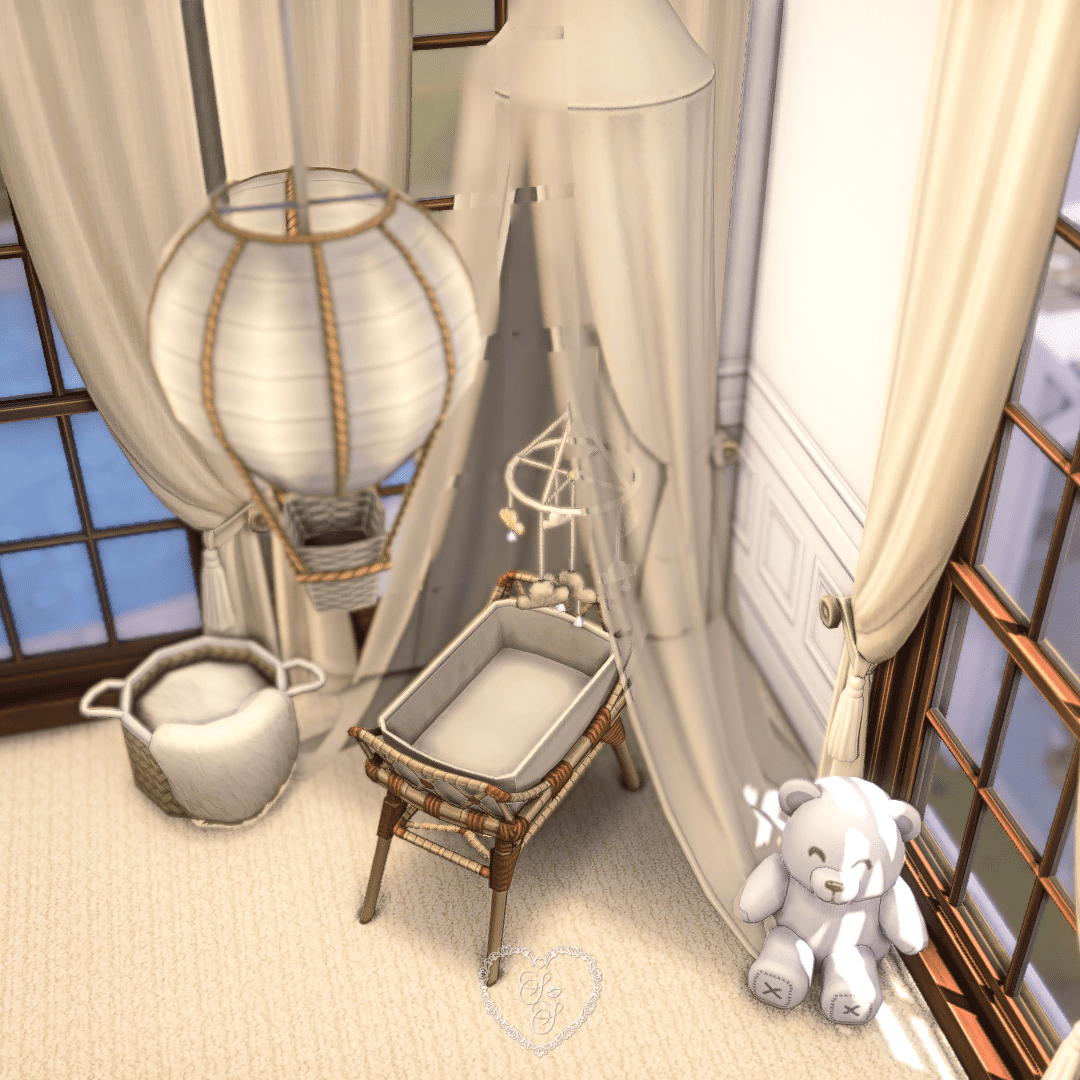 Dreamy nursery corner with canopy, bassinet, and teddy bear in soft cream tones