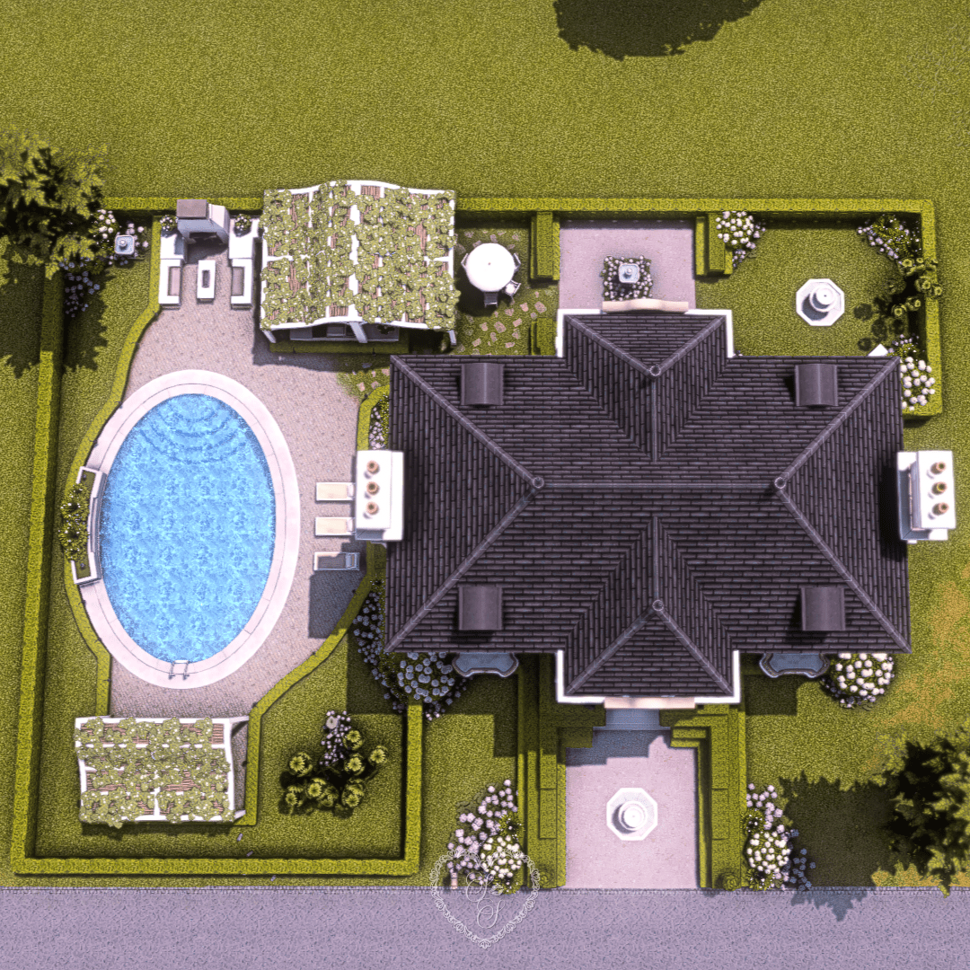Bird’s-eye view of backyard pool, gazebo, and formal garden layout