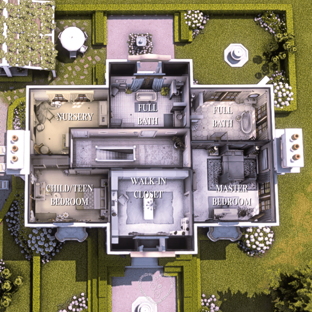 Upstairs floor plan showing bedrooms and classic bathrooms