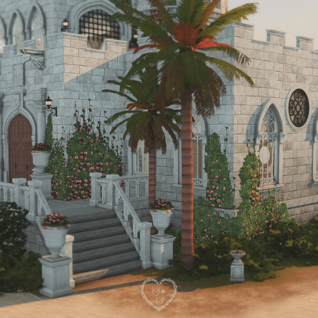 Castle entrance surrounded by lush greenery, pink flowers, and tropical palm trees in the world of Tartosa.