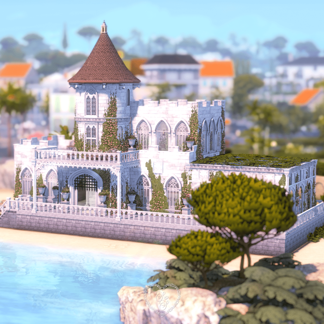 Full exterior view of La Vie En Rose Castle, a romantic Sims 4 wedding venue set by the sea with gothic windows and overgrown ivy.