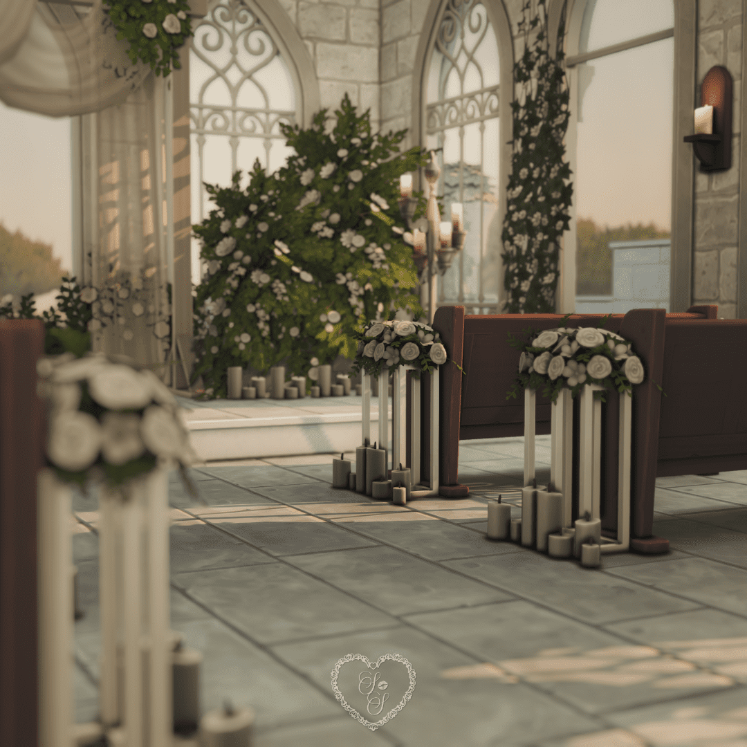 Interior of the wedding chapel featuring rose-lined aisles and candlelight decor, perfect for a romantic ceremony.
