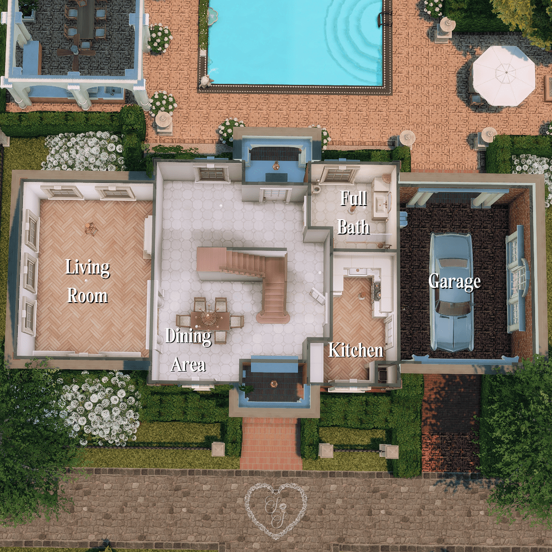 First-floor layout of this Sims 4 Colonial family home, featuring a formal living room, full kitchen, dining area, and garage.