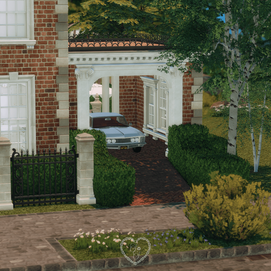 Close-up of Classic Colonial's brick driveway and carport, featuring a vintage car tucked beneath ornate columns, perfect Sims 4 family home vibes.