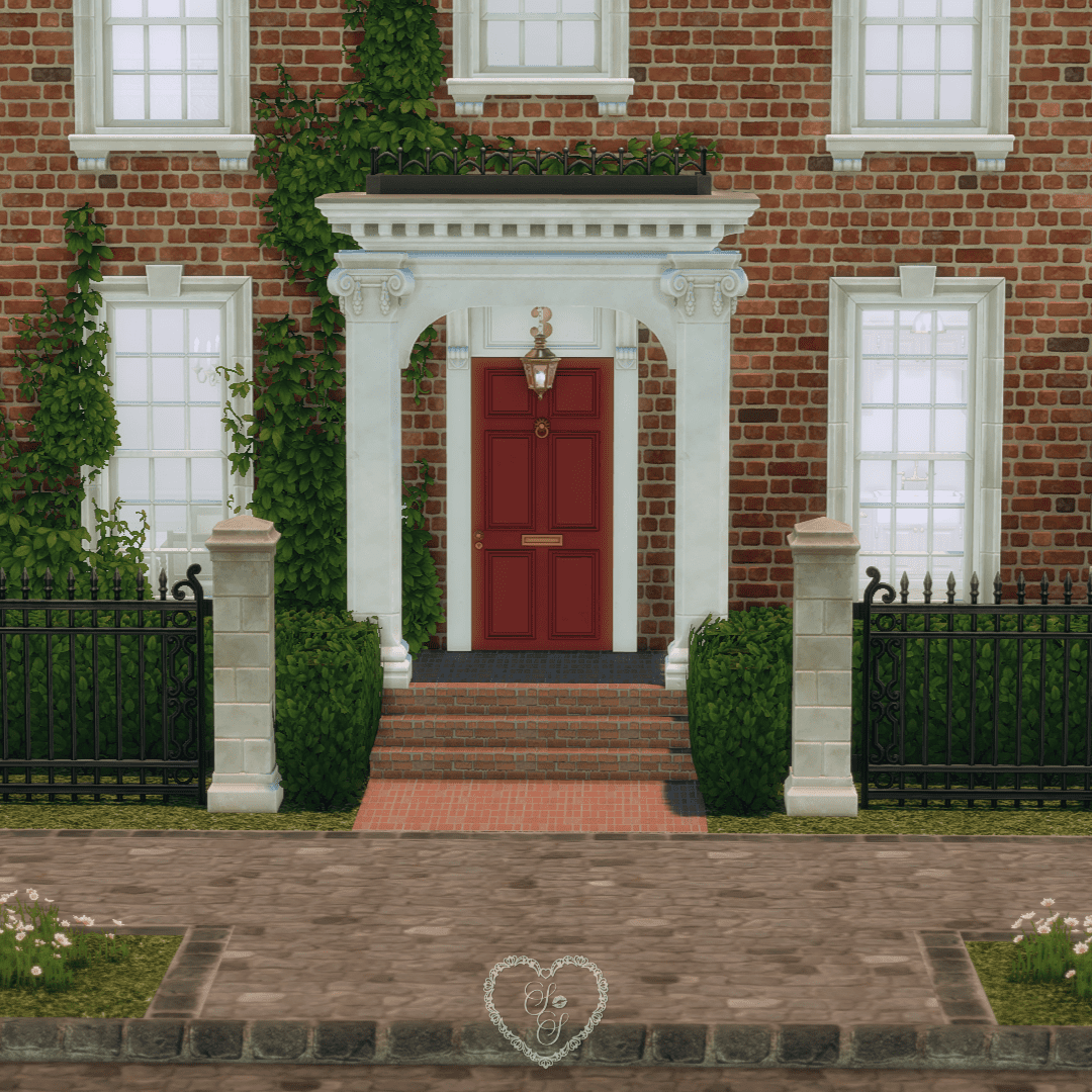 A bold red front door framed by ivy and classic columns welcomes you into this Sims 4 Colonial-style family home.