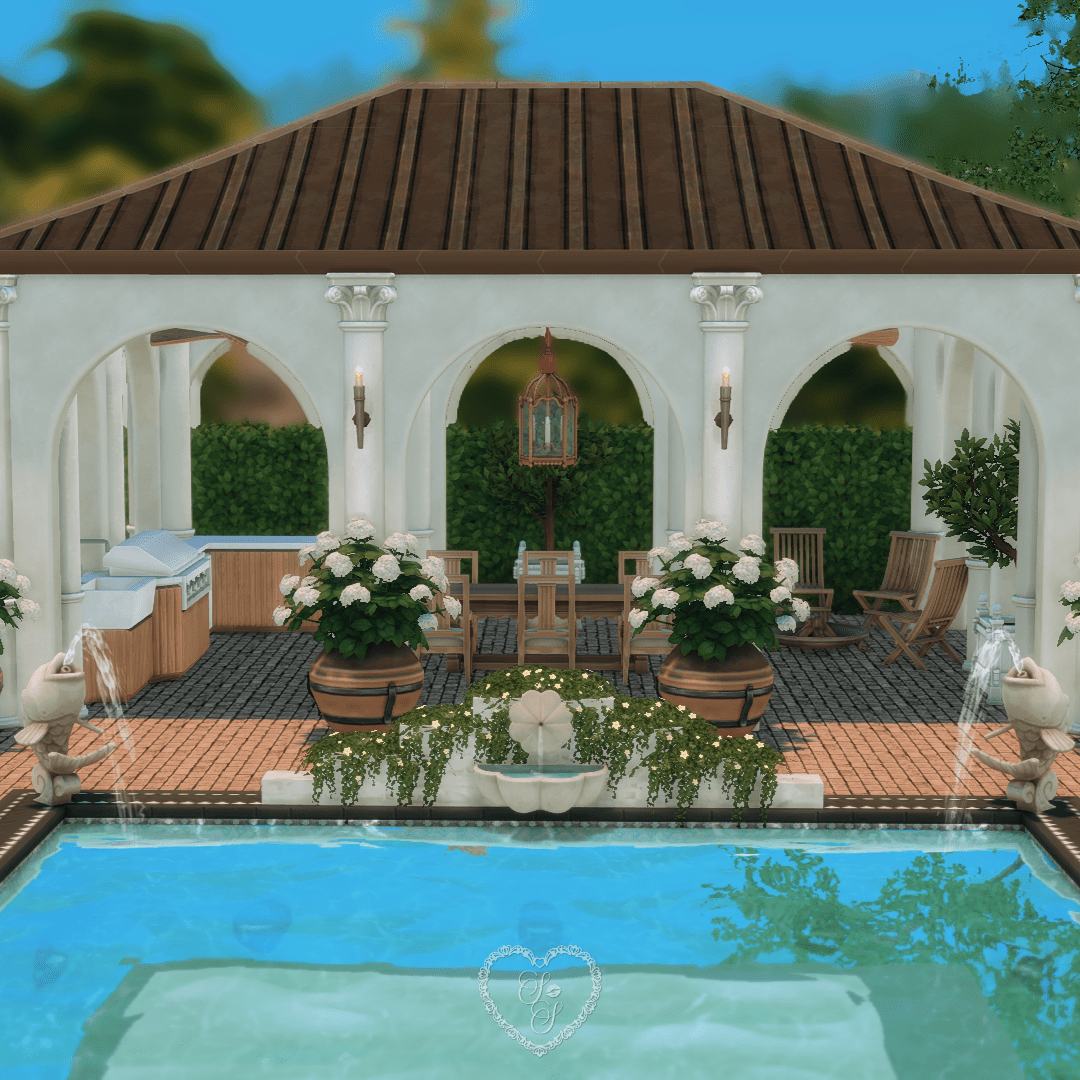 Complete view of the outdoor kitchen and pavilion area, grill, seating, and florals make it a showstopper in this Sims 4 Classic Colonial home.