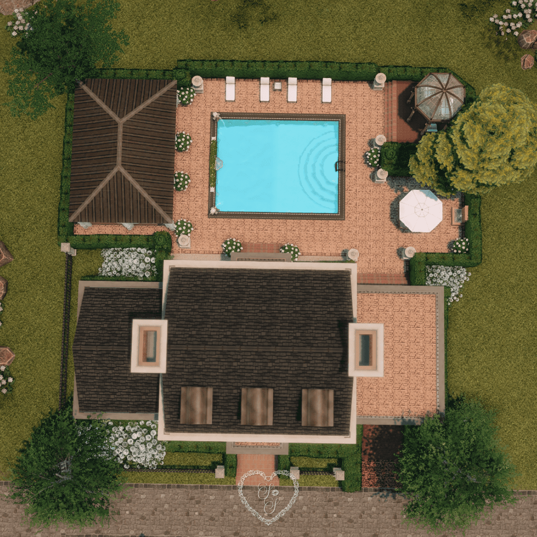 Bird’s-eye view of the Classic Colonial lot showing the structured backyard, pool, gazebo, and pavilion, perfectly landscaped in The Sims 4.