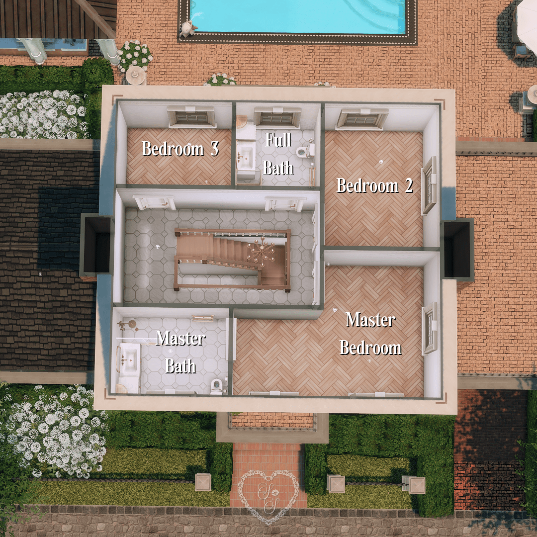 Upstairs floor plan of the Classic Colonial home, showing 3 bedrooms and 2 bathrooms, ideal for Sims 4 family gameplay.