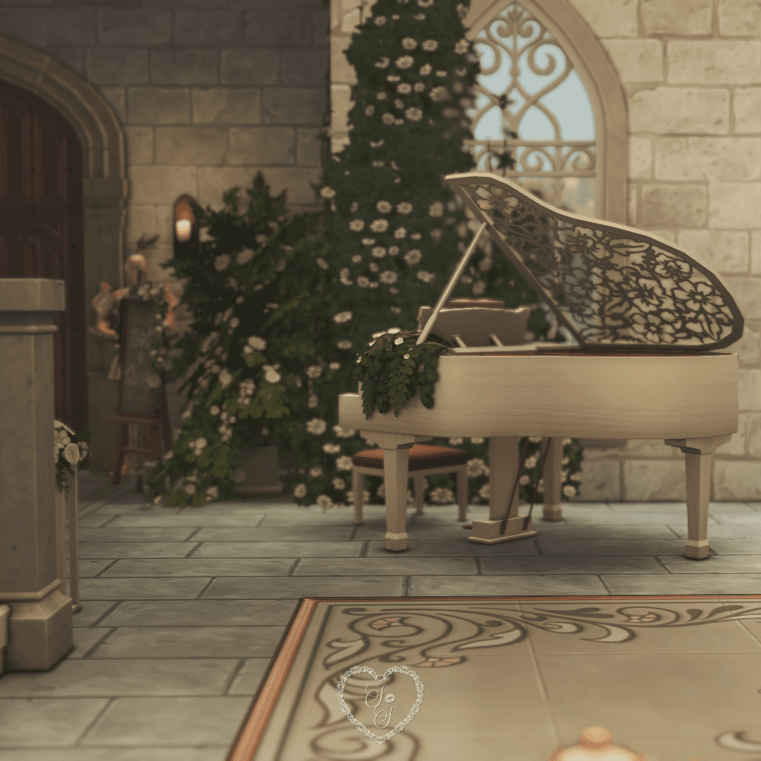 White grand piano with floral garland in the castle’s chapel, adding elegance to this venue.