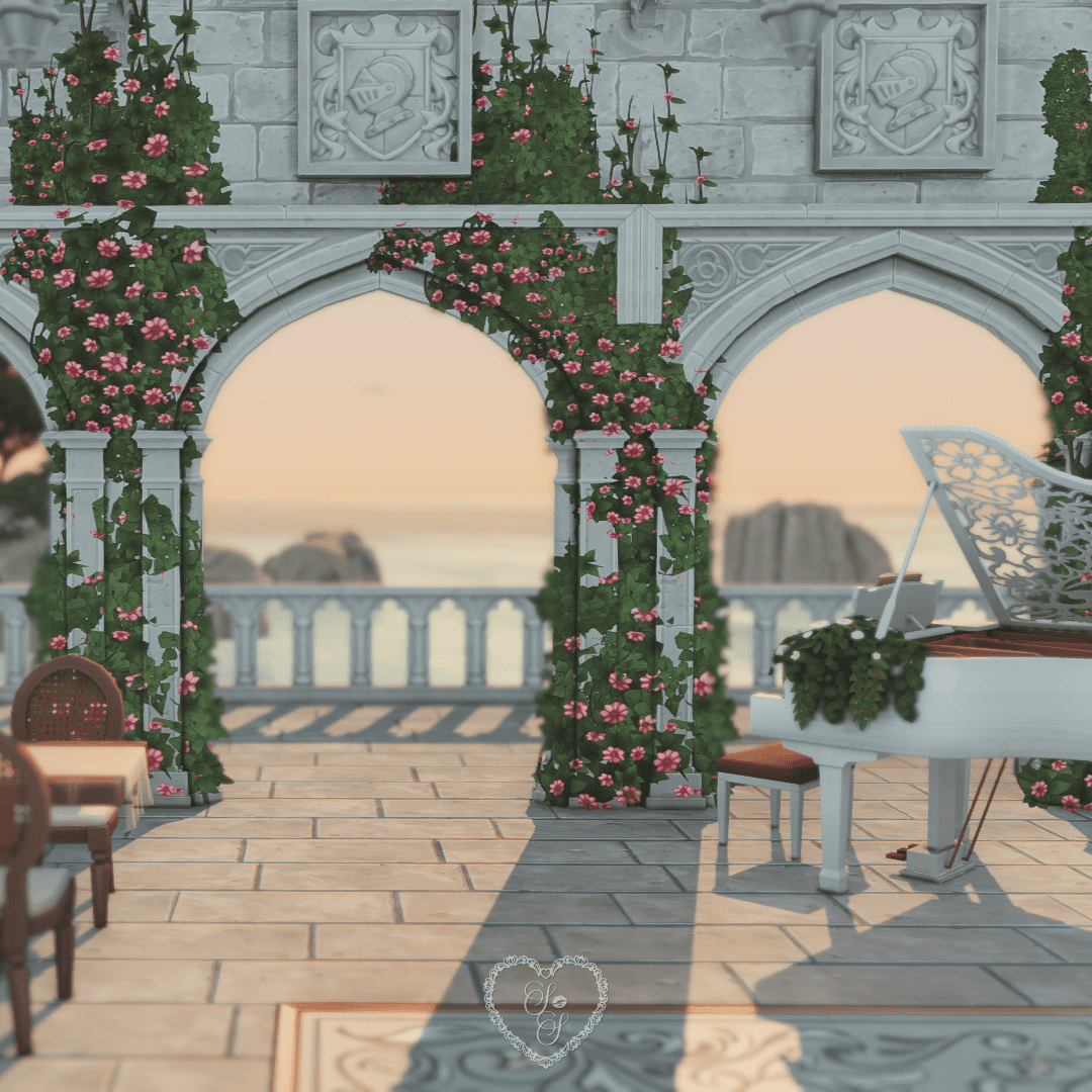 Grand piano set on a romantic balcony with ivy-covered arches overlooking the sea at sunset.